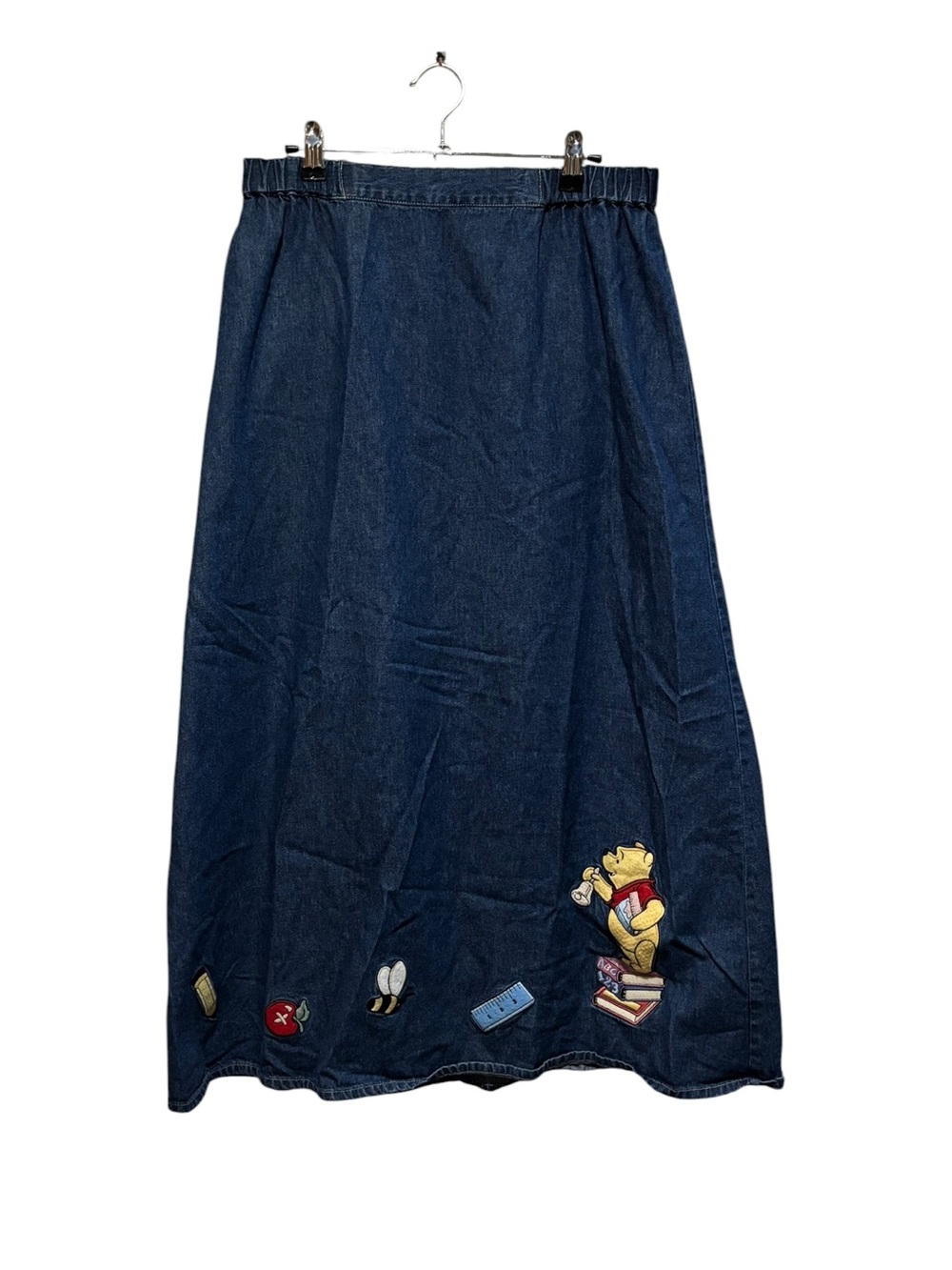 Vintage Disney Dark Blue Denim Skirt with Winnie the Pooh Embroidered Hem Size M